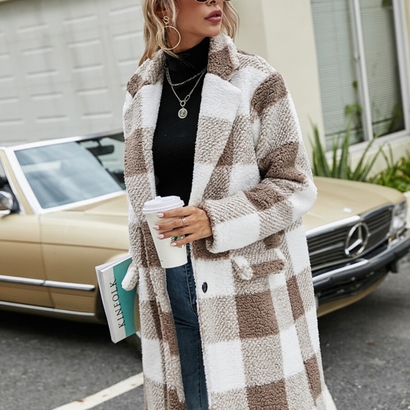 buffalo plaid teddy trench pea coat jacket khaki - Picture 11 of 11